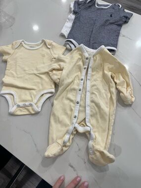 Ralph Lauren Yellow & Navy Striped Baby Footie and onesie bundle